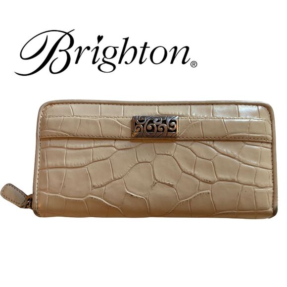 Brighton Handbags - Brighton Croc Embossed Leather Wallet Zip Around Organizer Neutral